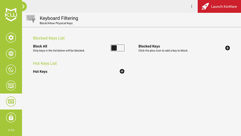 KioWare for Android: Keyboard Filtering tab